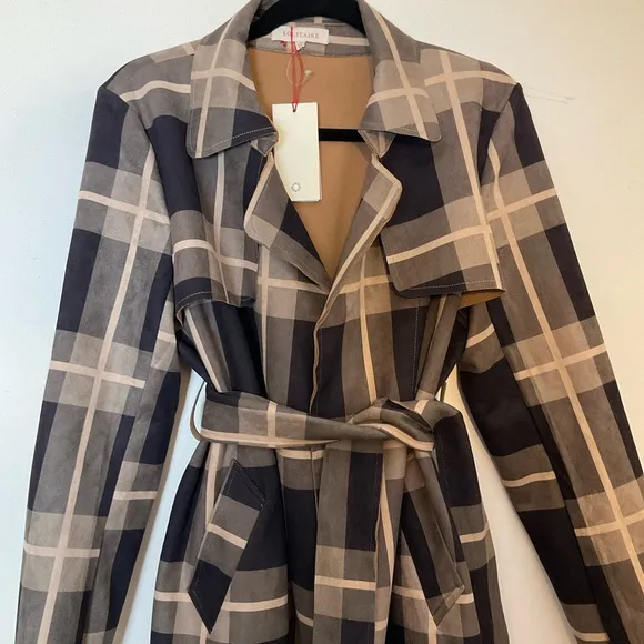 Solitaire | Belted Plaid Jacket | Brown | Faux Suede | Trench | NWT | Large