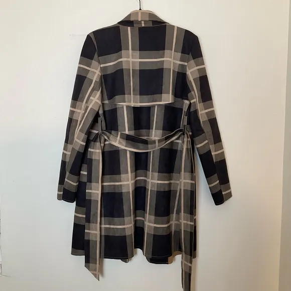 Solitaire | Belted Plaid Jacket | Brown | Faux Suede | Trench | NWT | Large