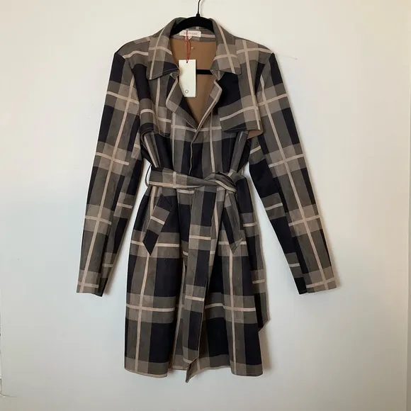 Solitaire | Belted Plaid Jacket | Brown | Faux Suede | Trench | NWT | Large
