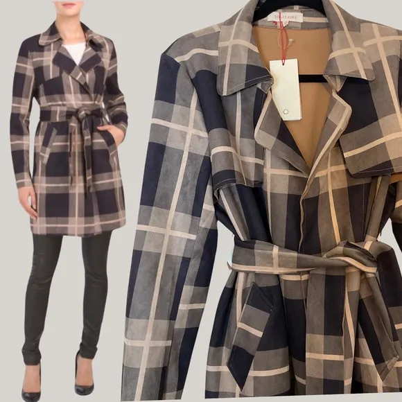 Solitaire | Belted Plaid Jacket | Brown | Faux Suede | Trench | NWT | Large