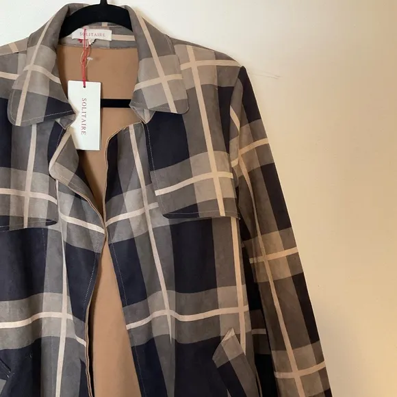 Solitaire | Belted Plaid Jacket | Brown | Faux Suede | Trench | NWT | Large