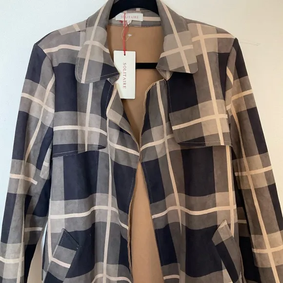 Solitaire | Belted Plaid Jacket | Brown | Faux Suede | Trench | NWT | Large