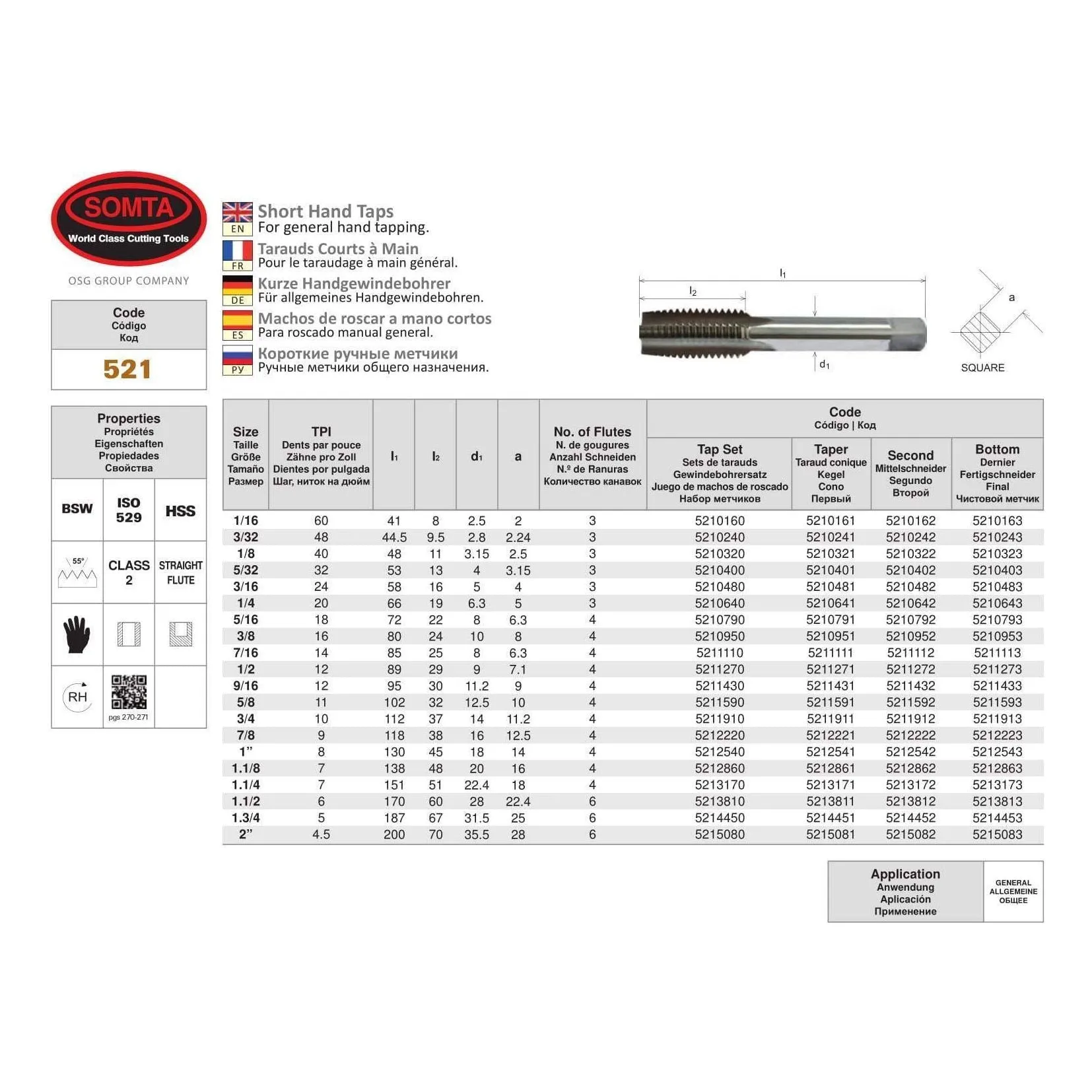 SOMTA - Series 521 HSS BSW Tap 1-1/2"Taper (Whitworth) - Short Hand Tap