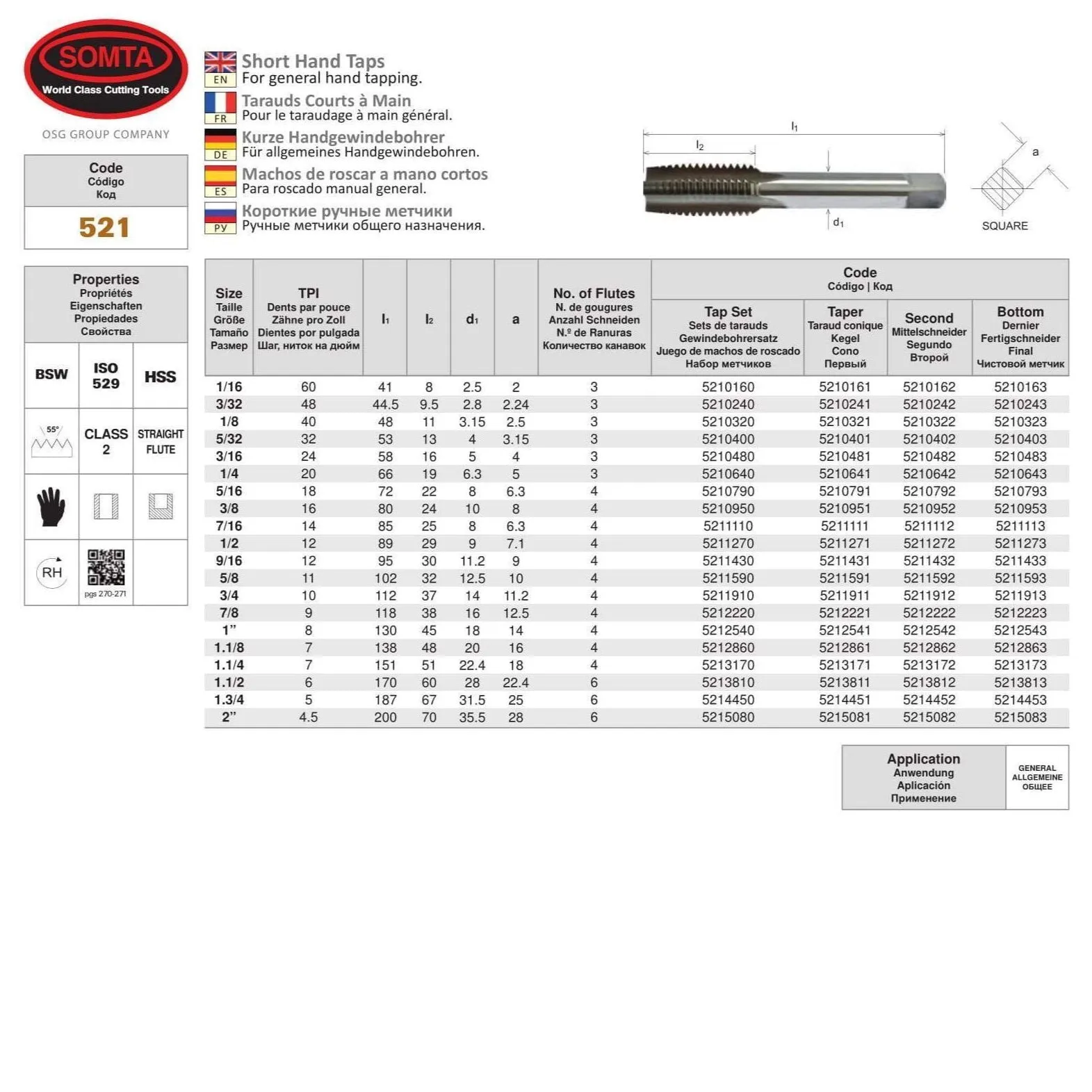 SOMTA - Series 521 HSS BSW Tap 3/16" Intermediate (Whitworth)