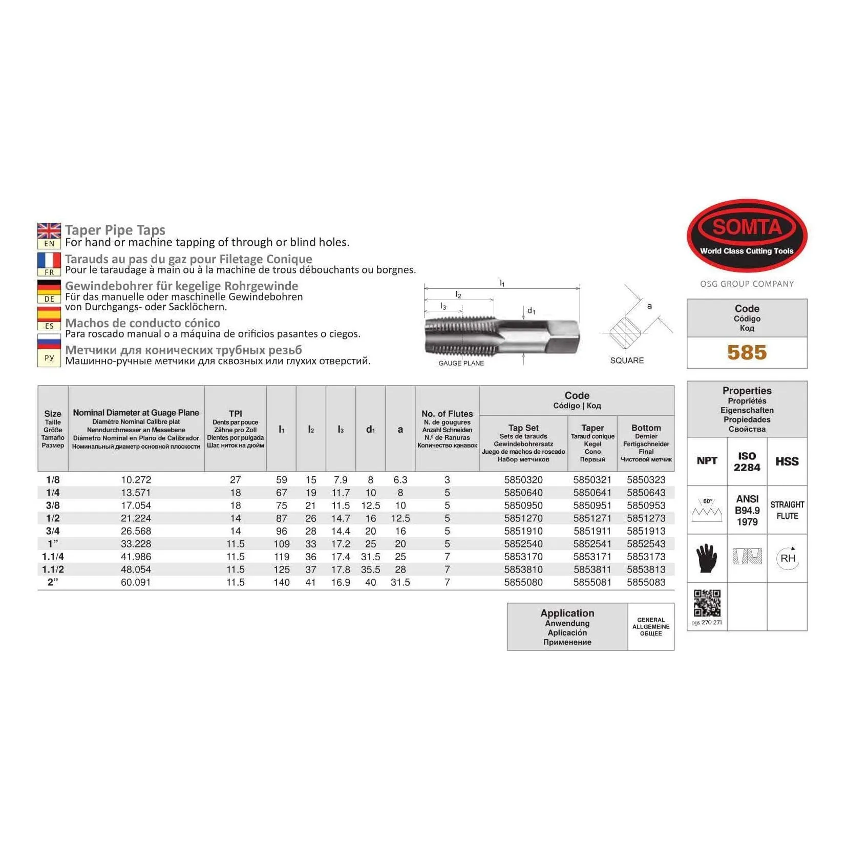 SOMTA - Series 585 HSS NPT Tap 1/2" (Bottoming Lead, Taper Form)