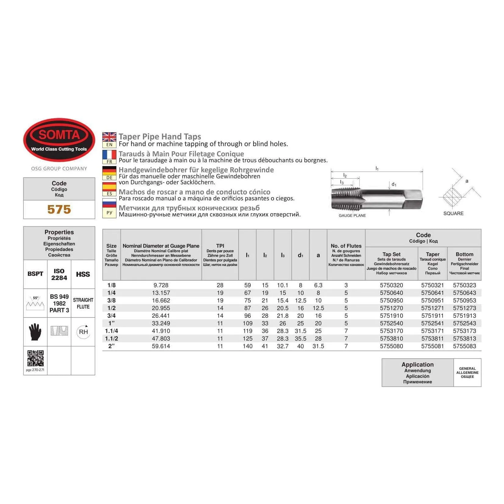 SOMTA - Series 585 HSS NPT Tap 1" (Bottoming Lead, Taper Form)
