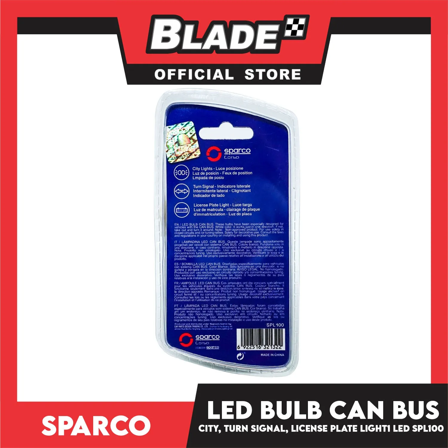 Sparco Led Bulb Can Bus SPL100 1LED Used for City Lights, Turn Signal & License Plate Light