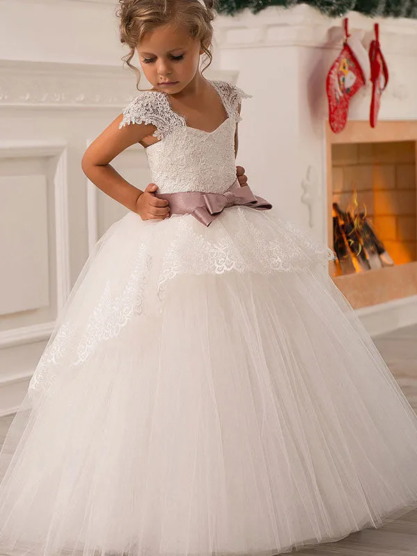 Square Neck Lace Short Sleeves Ankle Length Ball Gown Bows Kids Pageant flower girl dresses
