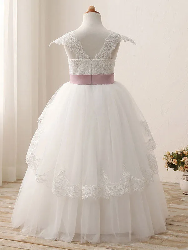 Square Neck Lace Short Sleeves Ankle Length Ball Gown Bows Kids Pageant flower girl dresses