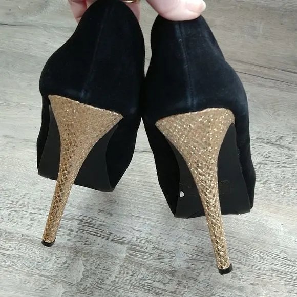 Steve Madden Black Suede and Gold Platform Heels