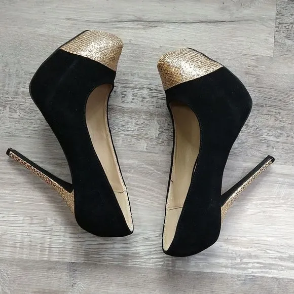Steve Madden Black Suede and Gold Platform Heels