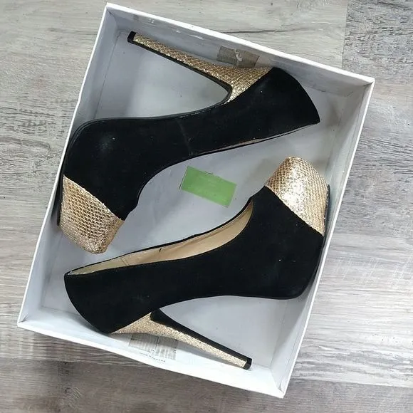 Steve Madden Black Suede and Gold Platform Heels