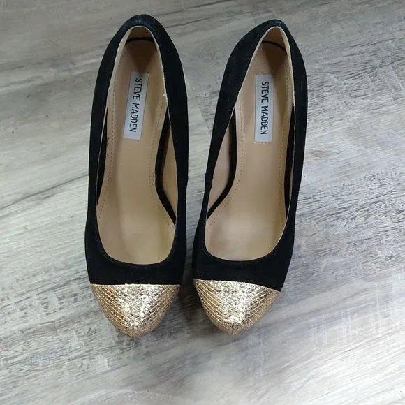 Steve Madden Black Suede and Gold Platform Heels