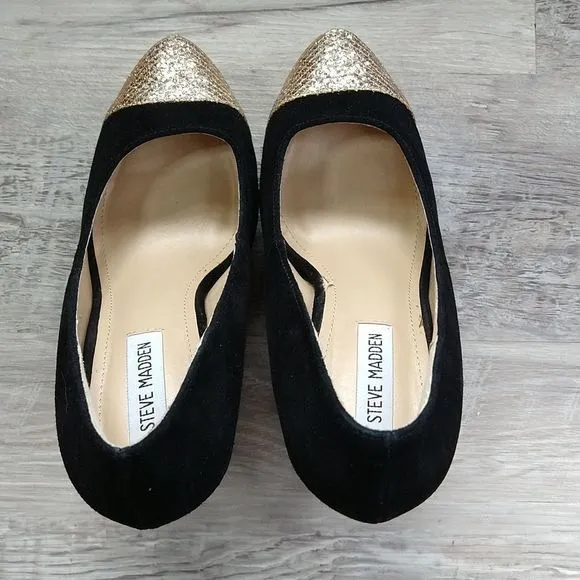 Steve Madden Black Suede and Gold Platform Heels