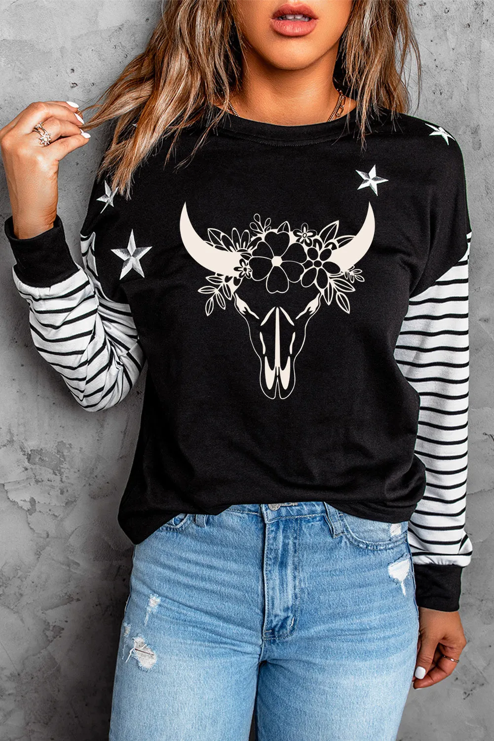 Striped Star Print Patchwork Long Sleeve Top
