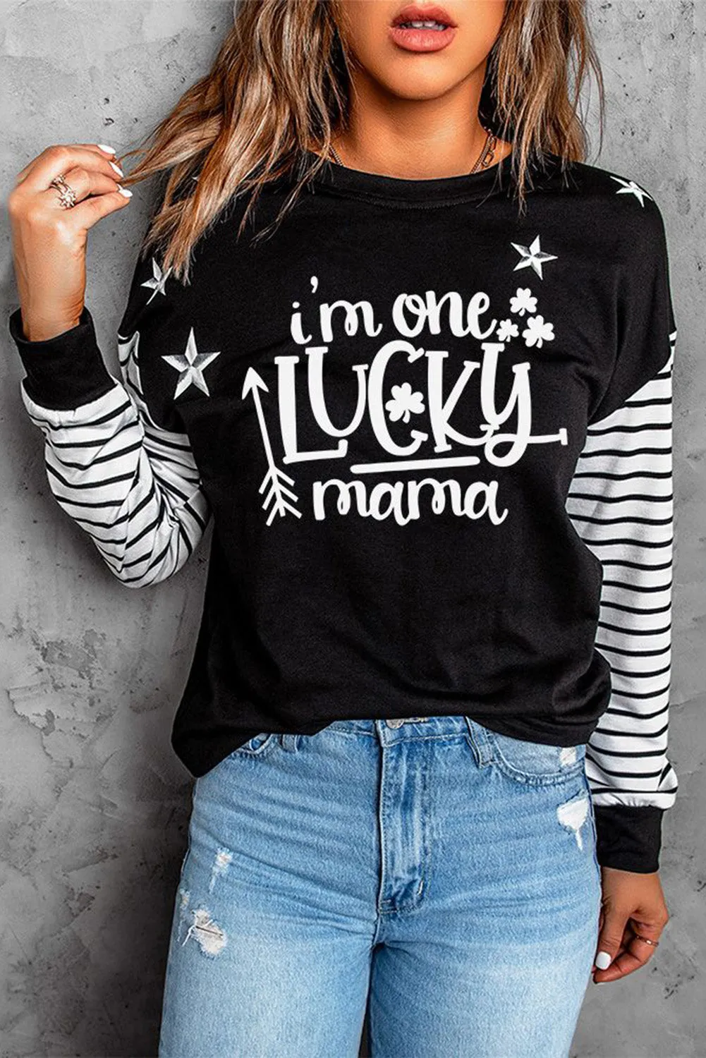 Striped Star Print Patchwork Long Sleeve Top