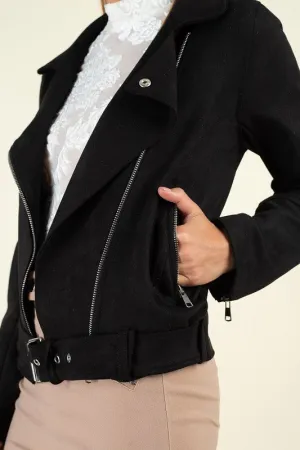 Suede Belted Moto Jacket - Black