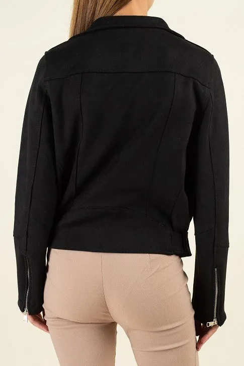 Suede Belted Moto Jacket - Black