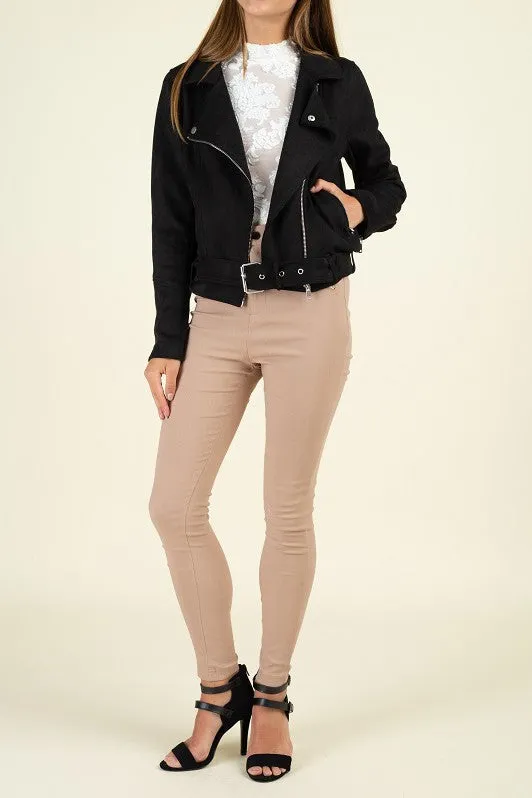 Suede Belted Moto Jacket - Black