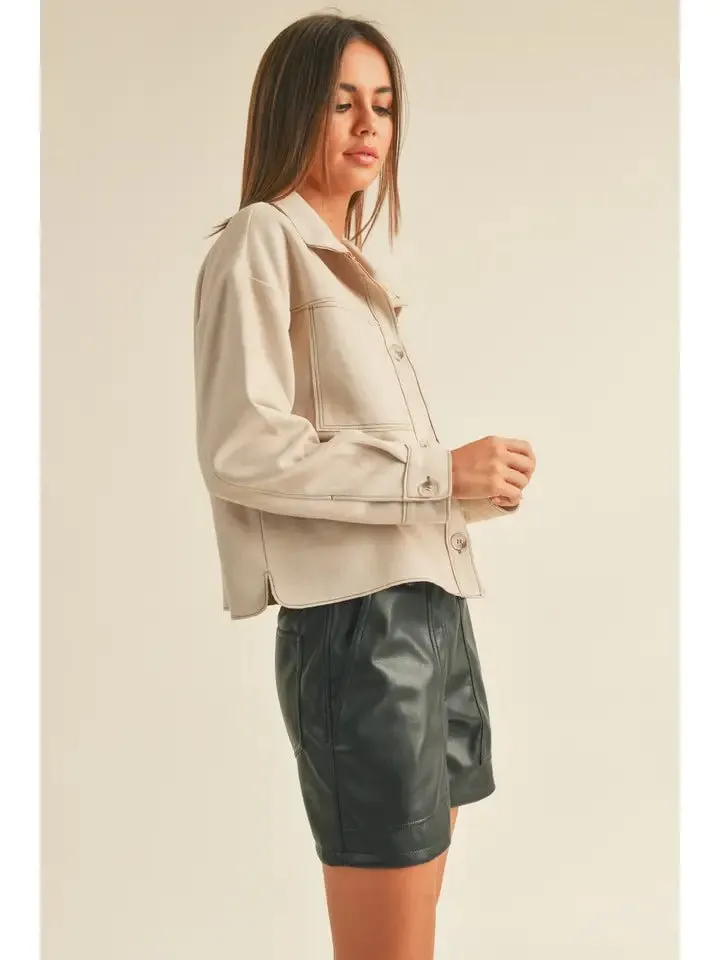 Suede Button Down Jacket with Stitch Detail