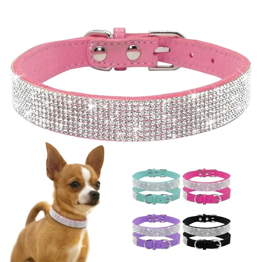 Suede Fiber Crystal Diamond Studded Bling Dog/Cat Fancy Collars Glitter Rhinestone