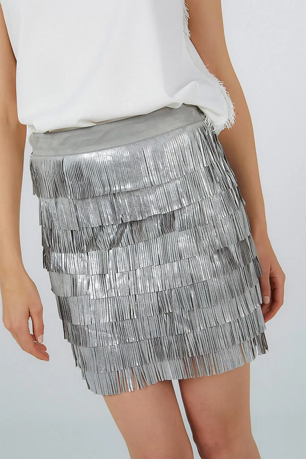 SUEDE MINI SKIRT WITH SILVER FRINGES