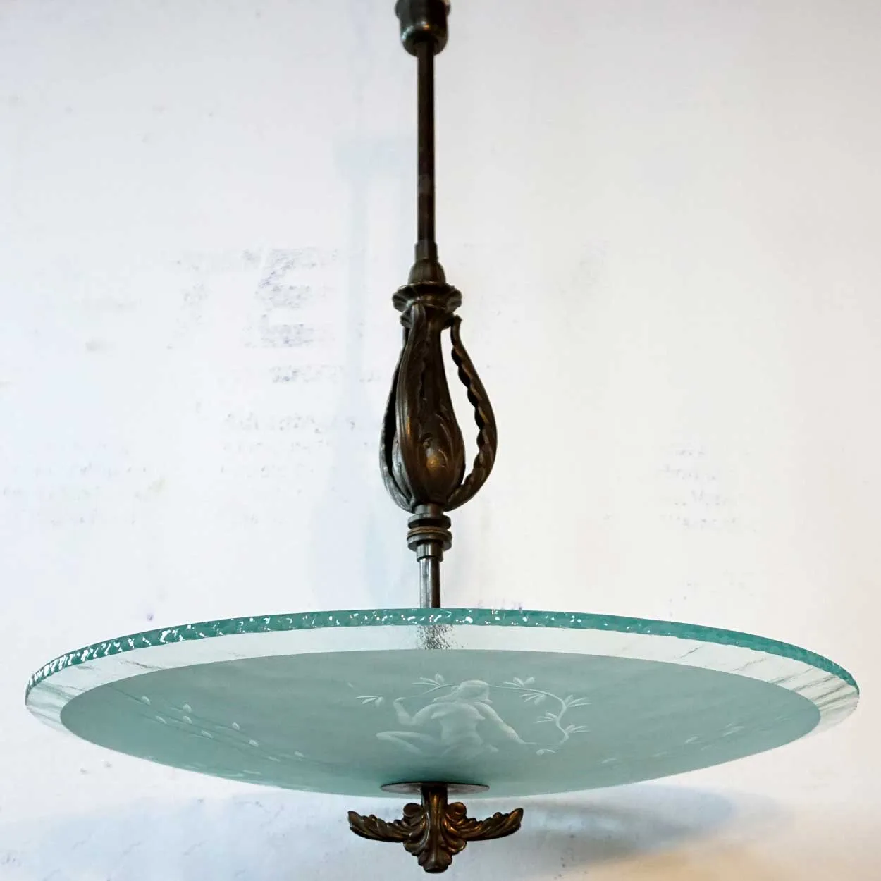 Swedish Art Deco Brass and Etched Glass Bowl Five-Light Ceiling Pendant Light
