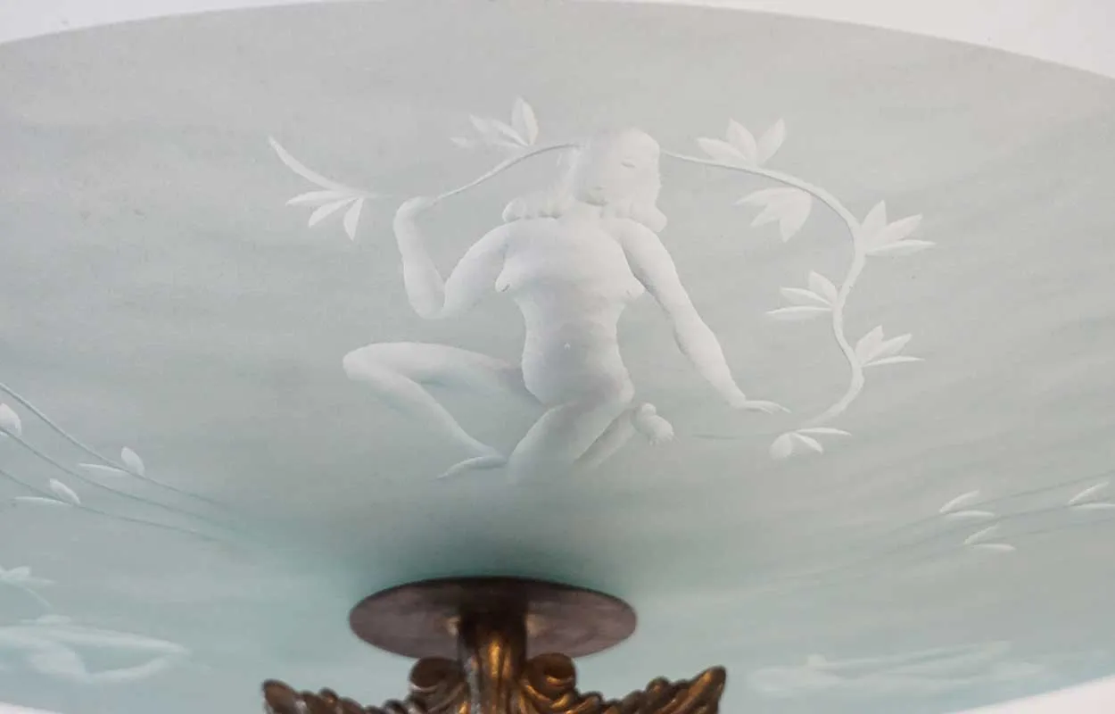 Swedish Art Deco Brass and Etched Glass Bowl Five-Light Ceiling Pendant Light