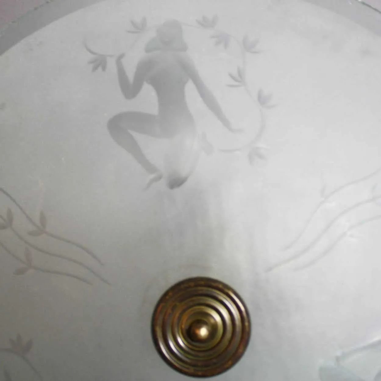 Swedish Art Deco Brass and Etched Glass Bowl Five-Light Ceiling Pendant Light