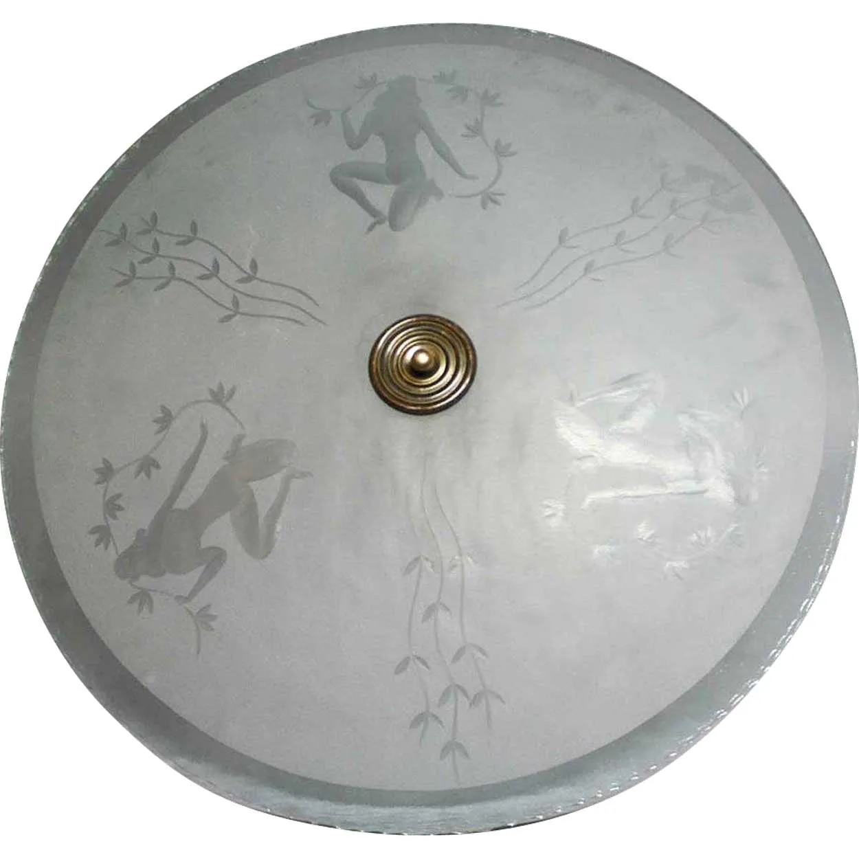 Swedish Art Deco Brass and Etched Glass Bowl Five-Light Ceiling Pendant Light