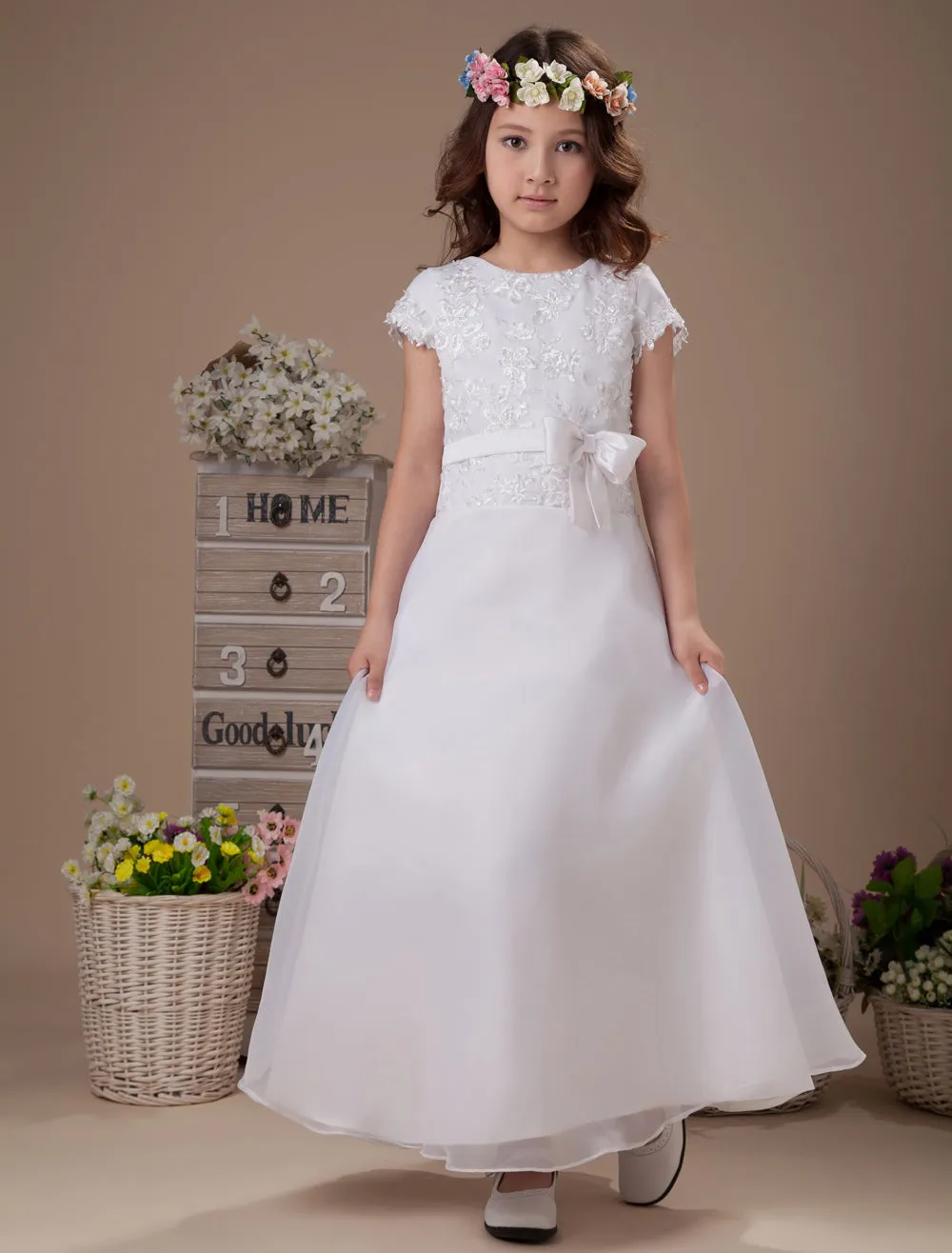 Sweet A-Line White Satin Ankle-Length First Communion Dress