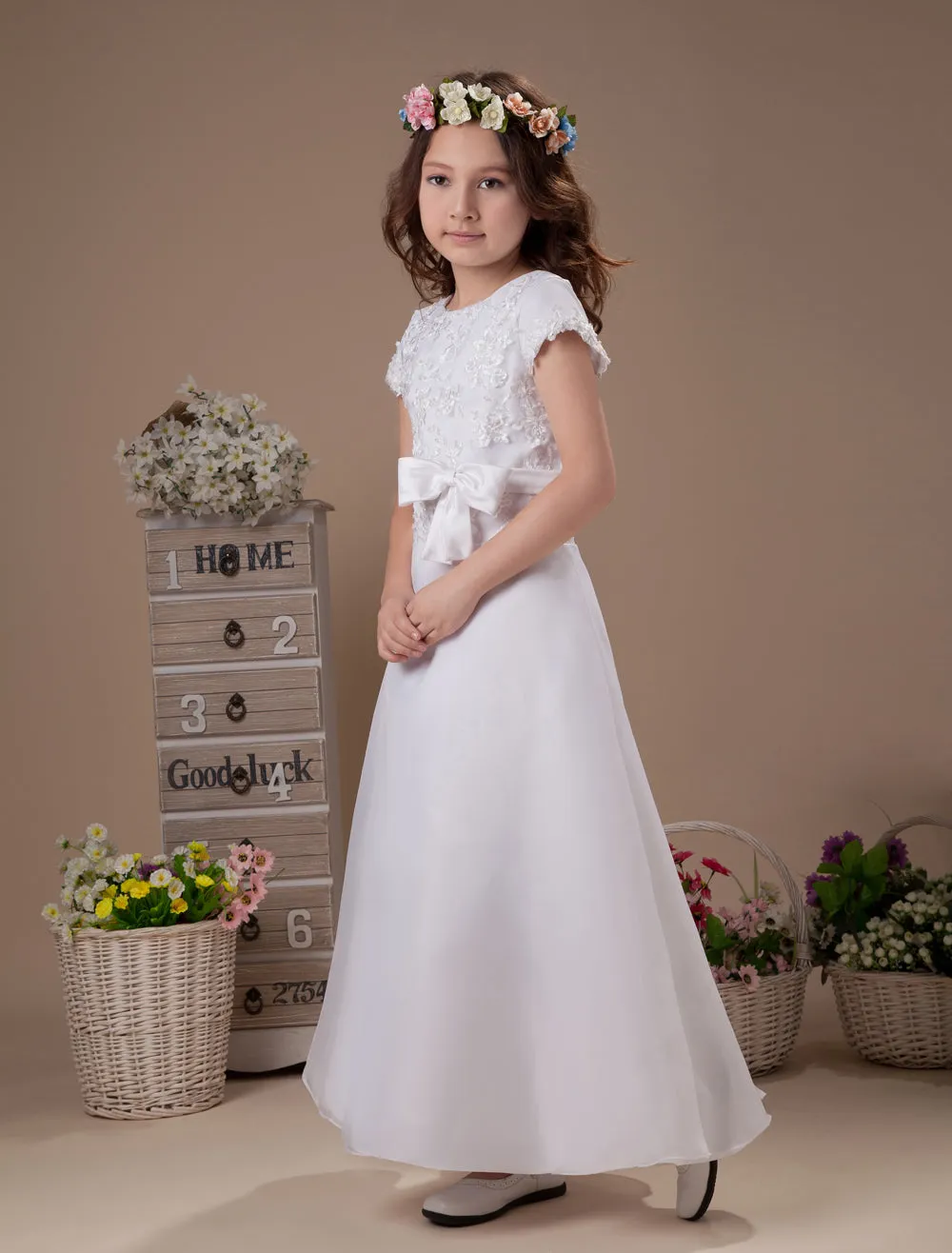 Sweet A-Line White Satin Ankle-Length First Communion Dress