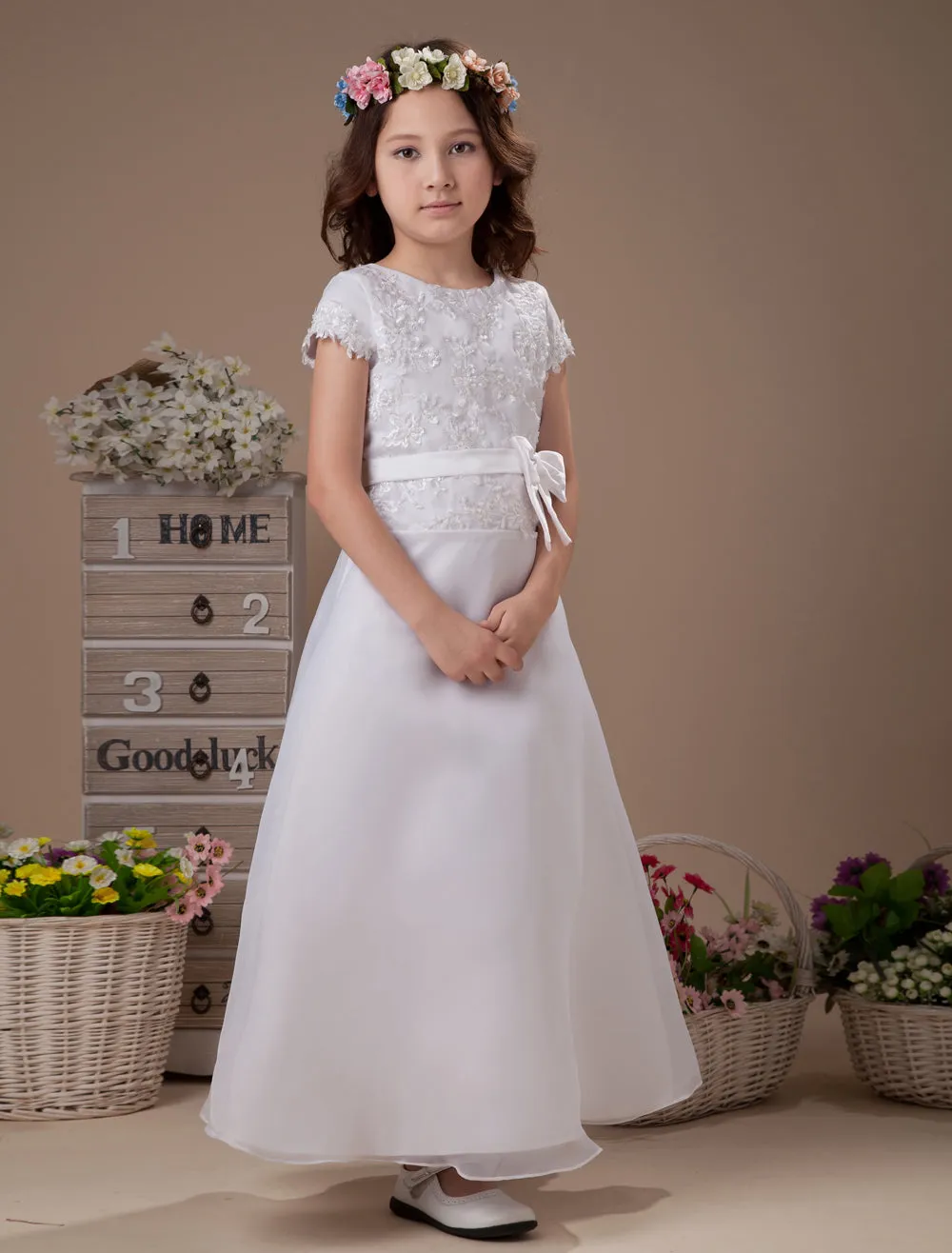 Sweet A-Line White Satin Ankle-Length First Communion Dress