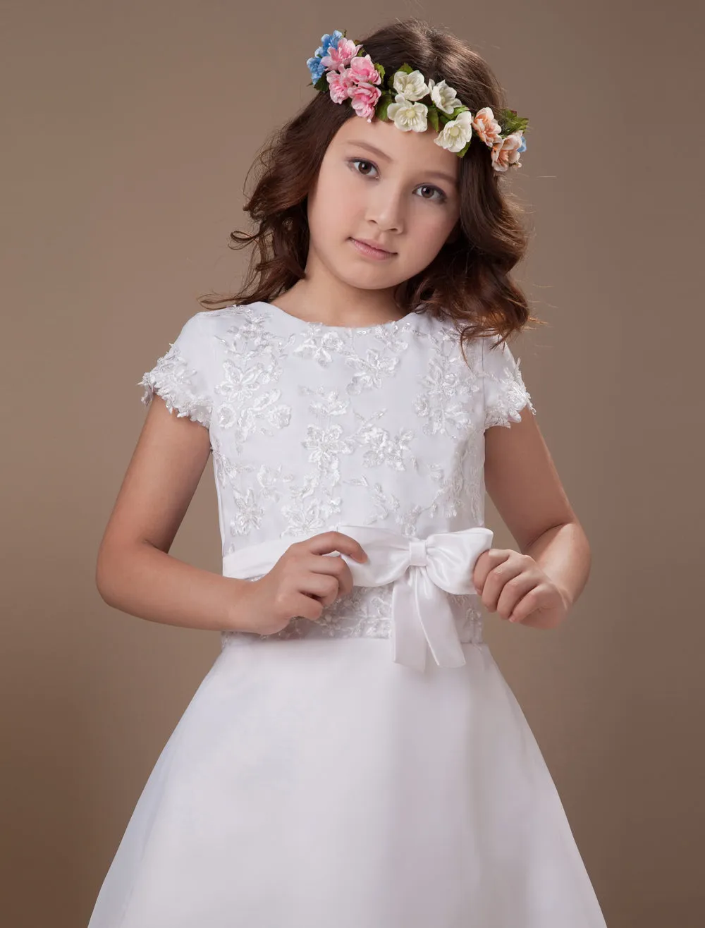 Sweet A-Line White Satin Ankle-Length First Communion Dress