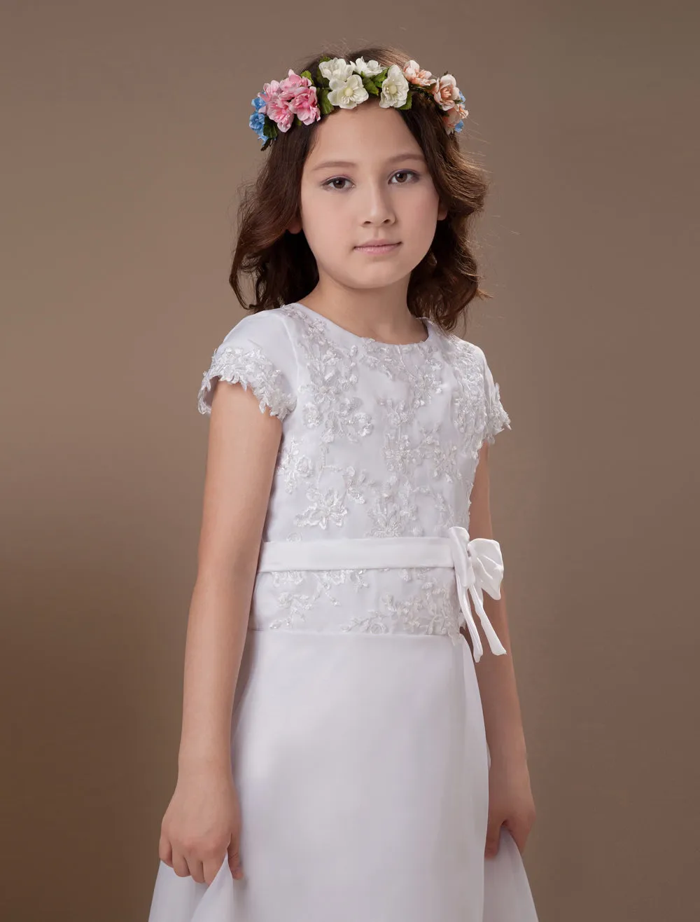 Sweet A-Line White Satin Ankle-Length First Communion Dress