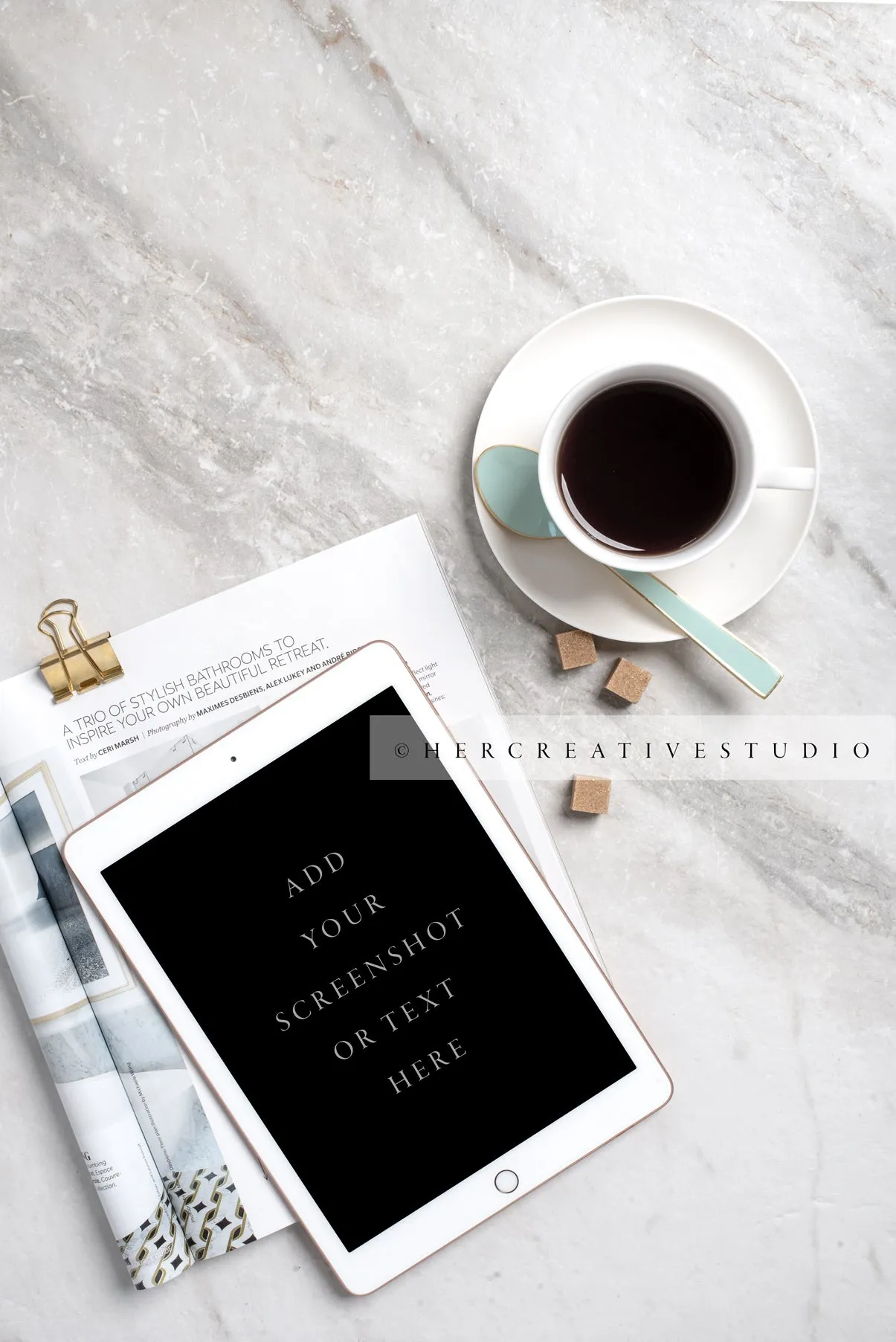 Tablet and Tea on Marble