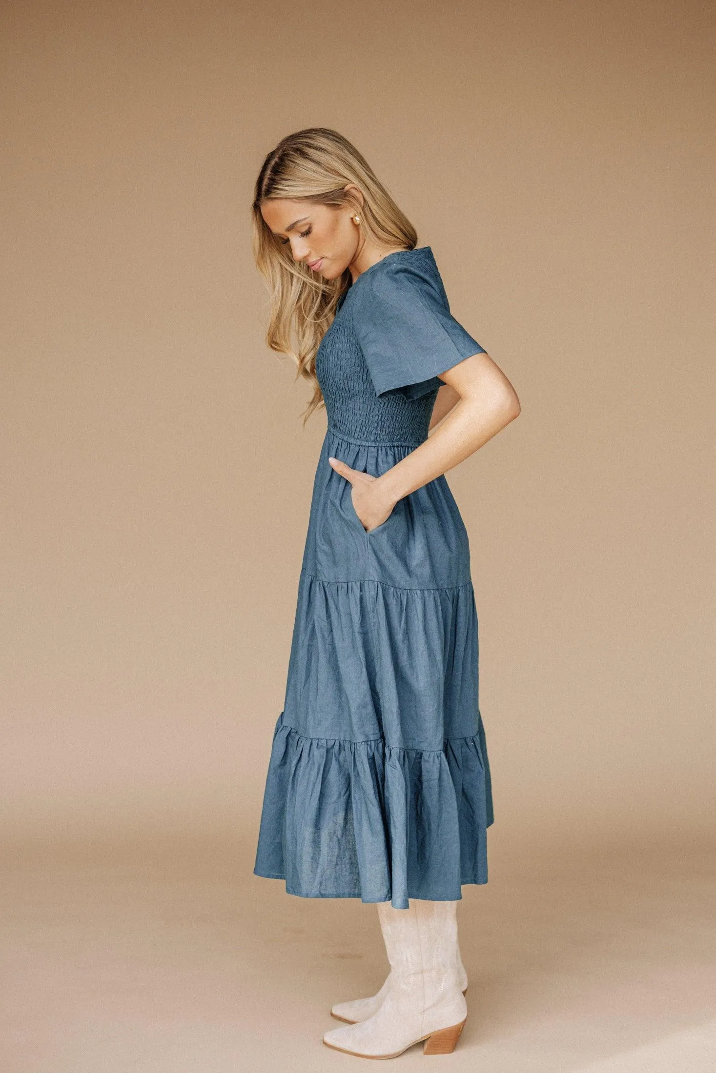 Tayla Linen Dress in Indigo Blue