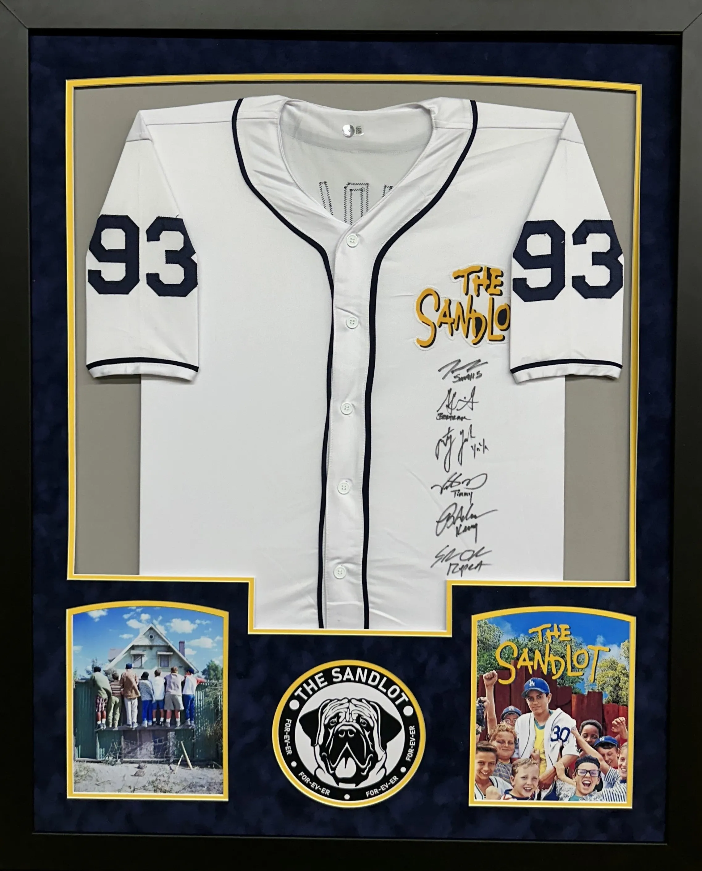 The Sandlot Cast Hand Signed Autographed Custom White Jersey Framed & Suede Matted