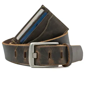 Titanium Wide Pin Brown Distressed Leather Belt & Wallet Set by Nickel Smart®
