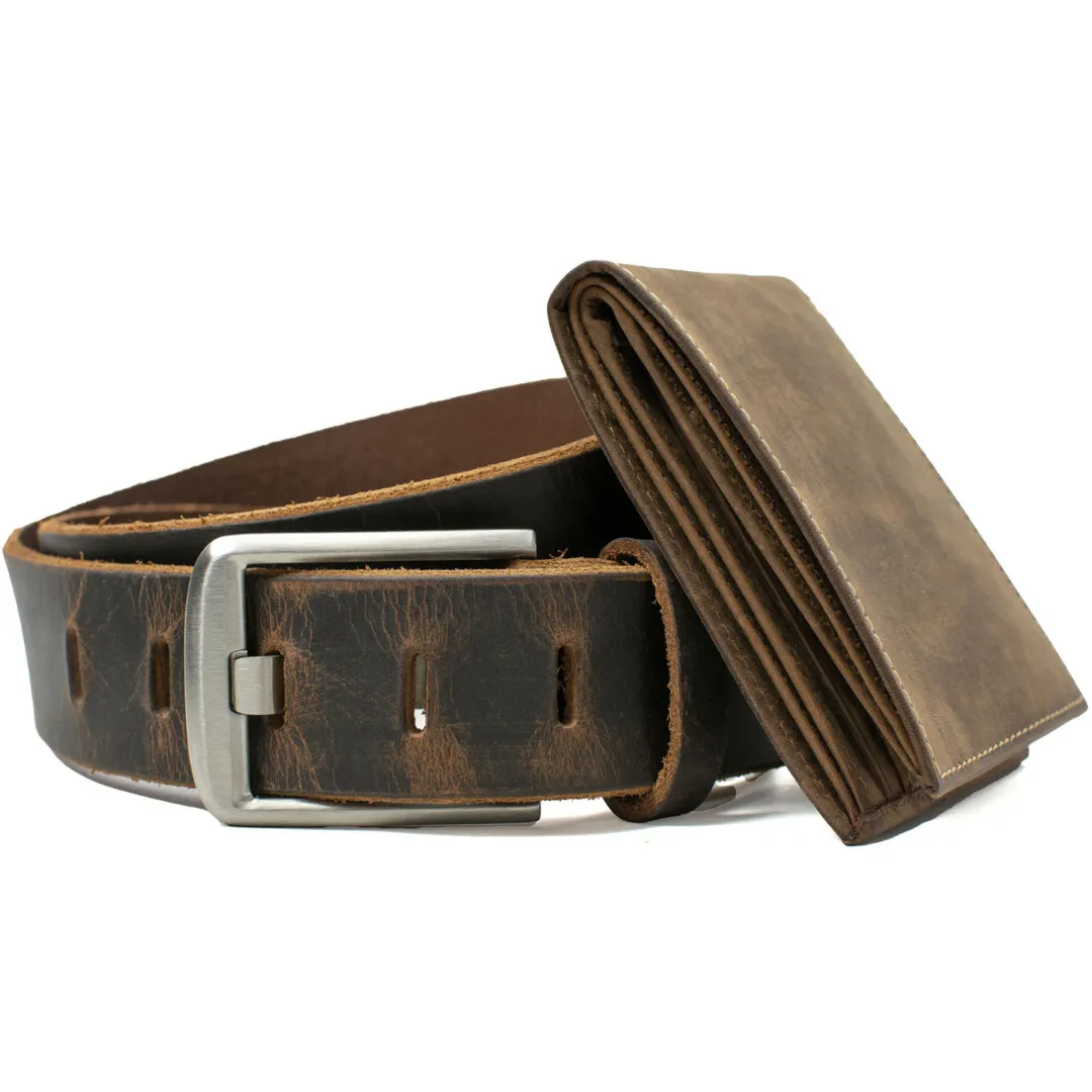 Titanium Wide Pin Brown Distressed Leather Belt & Wallet Set by Nickel Smart®