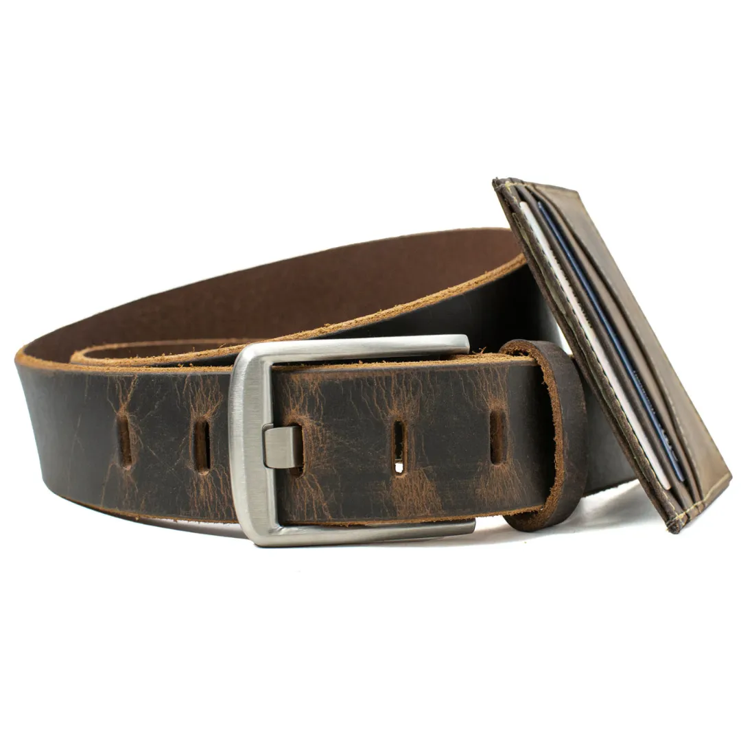 Titanium Wide Pin Brown Distressed Leather Belt & Wallet Set by Nickel Smart®