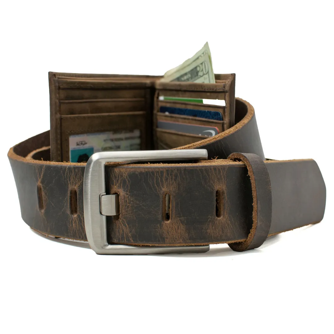 Titanium Wide Pin Brown Distressed Leather Belt & Wallet Set by Nickel Smart®
