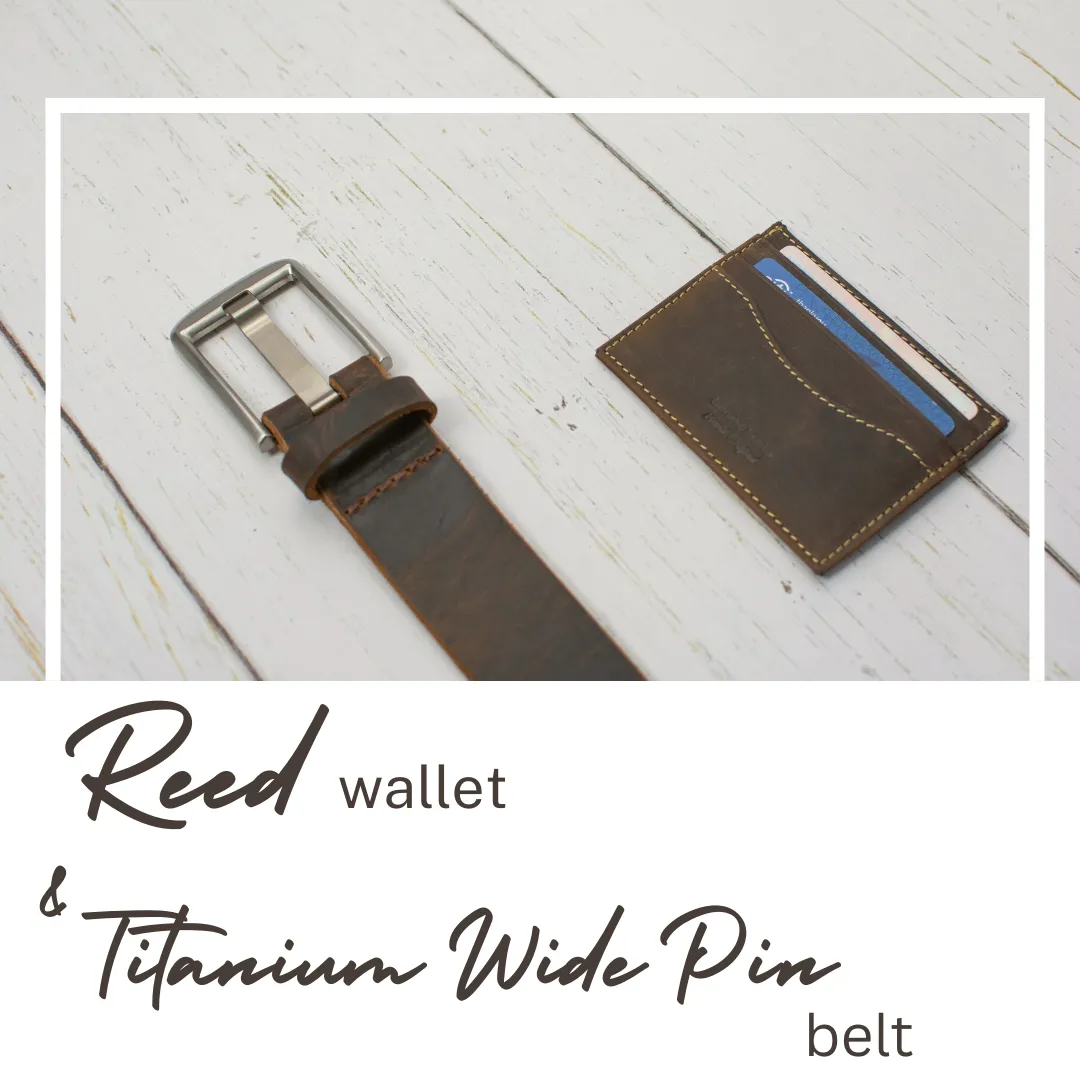 Titanium Wide Pin Brown Distressed Leather Belt & Wallet Set by Nickel Smart®