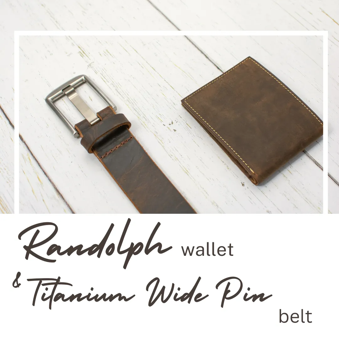 Titanium Wide Pin Brown Distressed Leather Belt & Wallet Set by Nickel Smart®