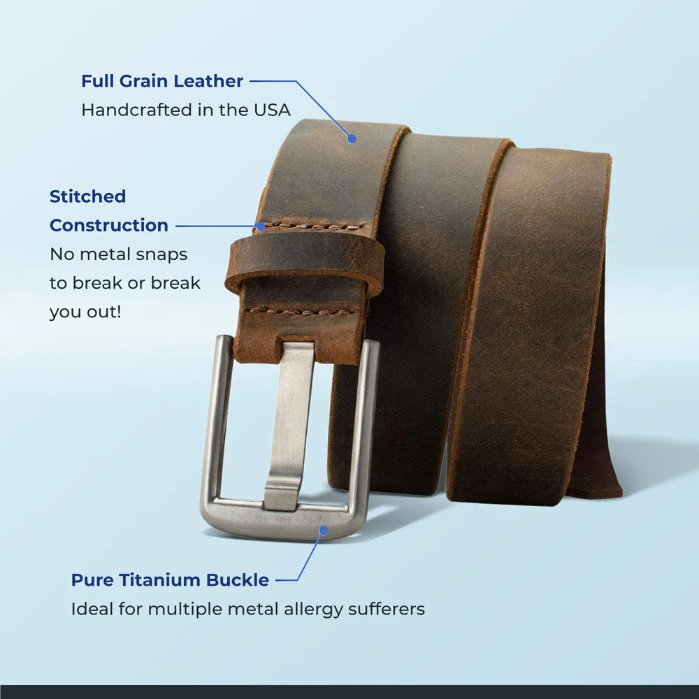 Titanium Wide Pin Brown Distressed Leather Belt & Wallet Set by Nickel Smart®