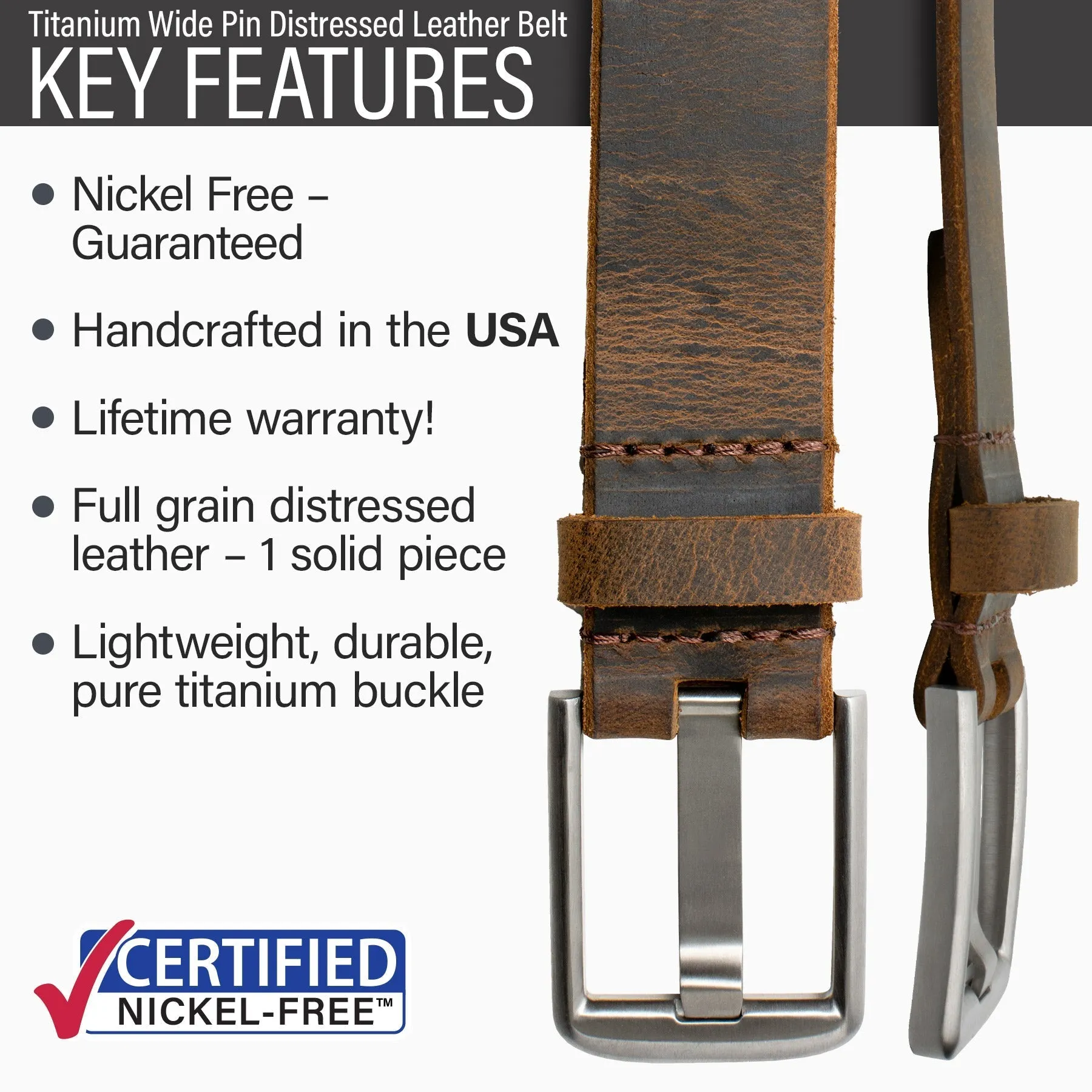 Titanium Wide Pin Brown Distressed Leather Belt & Wallet Set by Nickel Smart®