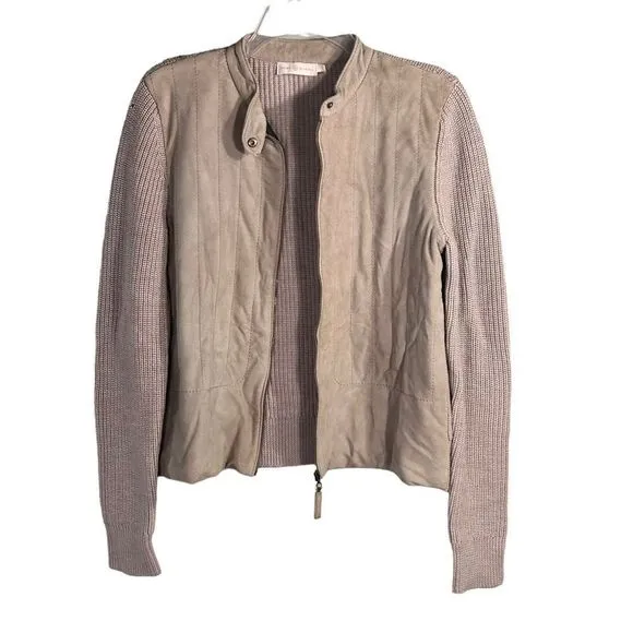 Tory Burch suede front merino wool cardigan jacket tan