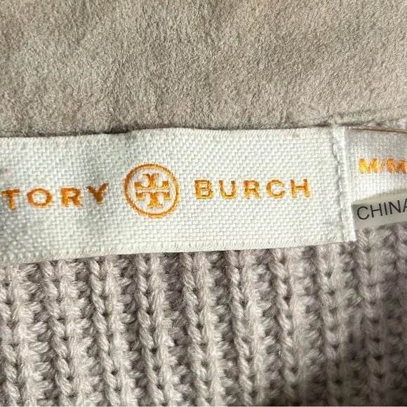 Tory Burch suede front merino wool cardigan jacket tan