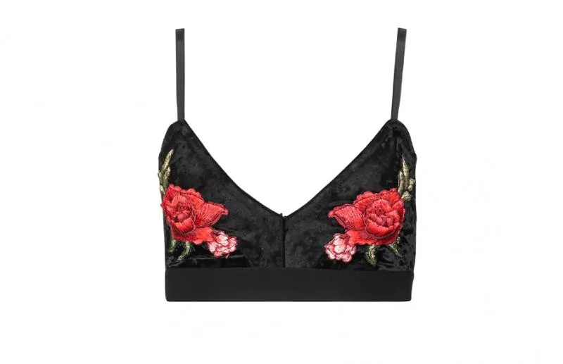 Triangle Bralette - Black Embroidered Appliques -