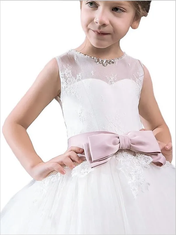 Tulle Scoop Sleeveless Flower Girl Dresses Floor Length Ball Gown With Bowknot